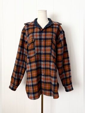 Vintage Pendleton Plaid Shacket Orange Grey Navy Virgin Wool Men’s 1970s Large